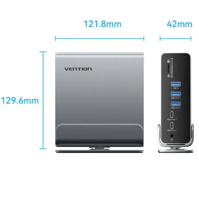 Vention TPUH0 Docking Station USB-C 15 en 1 con 2xHDMI 4K 60Hz, DisplayPort 4K 60Hz, USB-C PD 100W, 3xUSB-C, 5xUSB-A, RJ45, Lector SD/TF